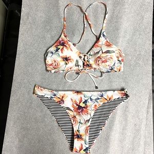 Floral and striped reversible bikini